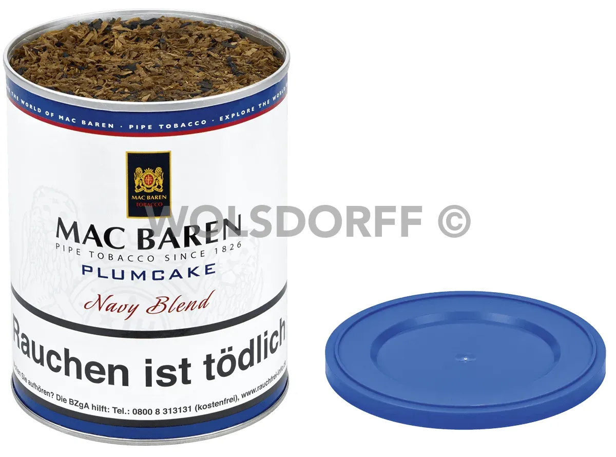 Mac Baren Plumcake Navy Blend Pfeifentabak geöffnete Dose stehend von vorne