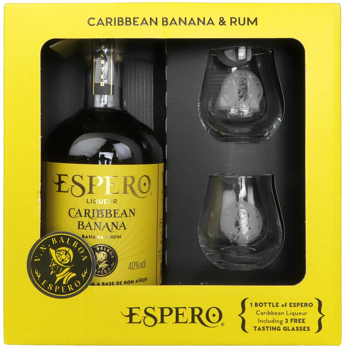 Espero Caribbean Banane und Rum Geschenkverpackung mit Glaesern