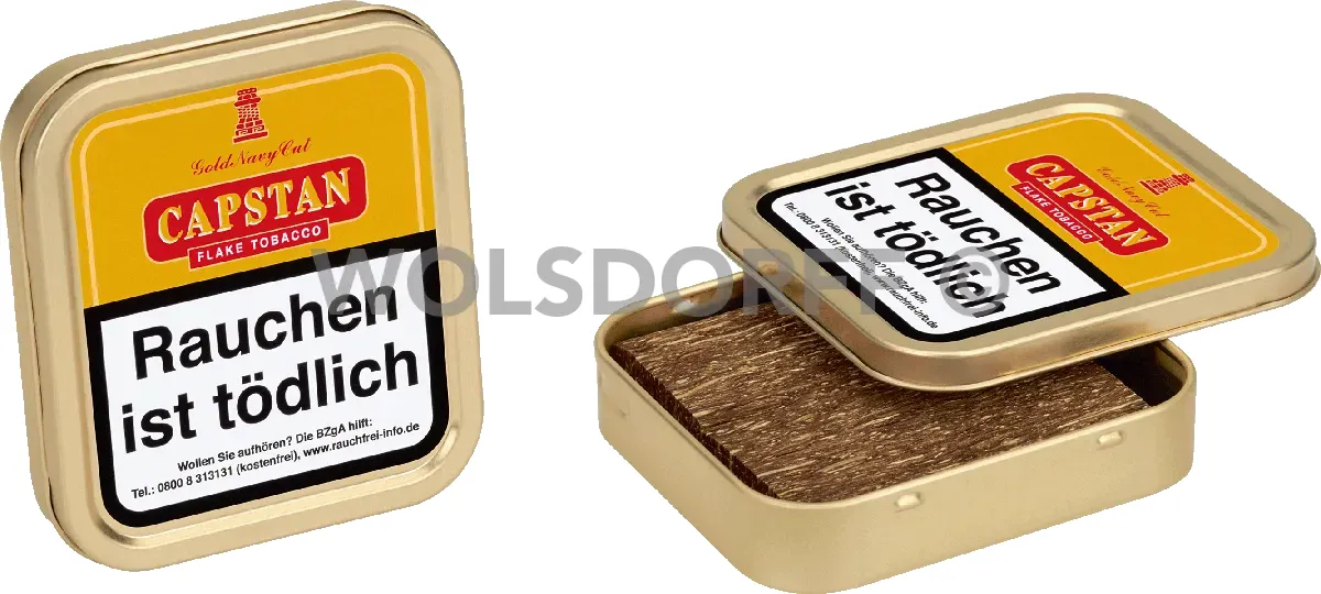 Capstan Gold Navy Cut 50g Dose ein mal liegend offen und ein mal stehend