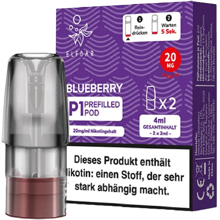 Elfbar Mate500 2er Pods 3er Set Blueberry Packung stehend, schräg von vorne, davor steht 1 Pod