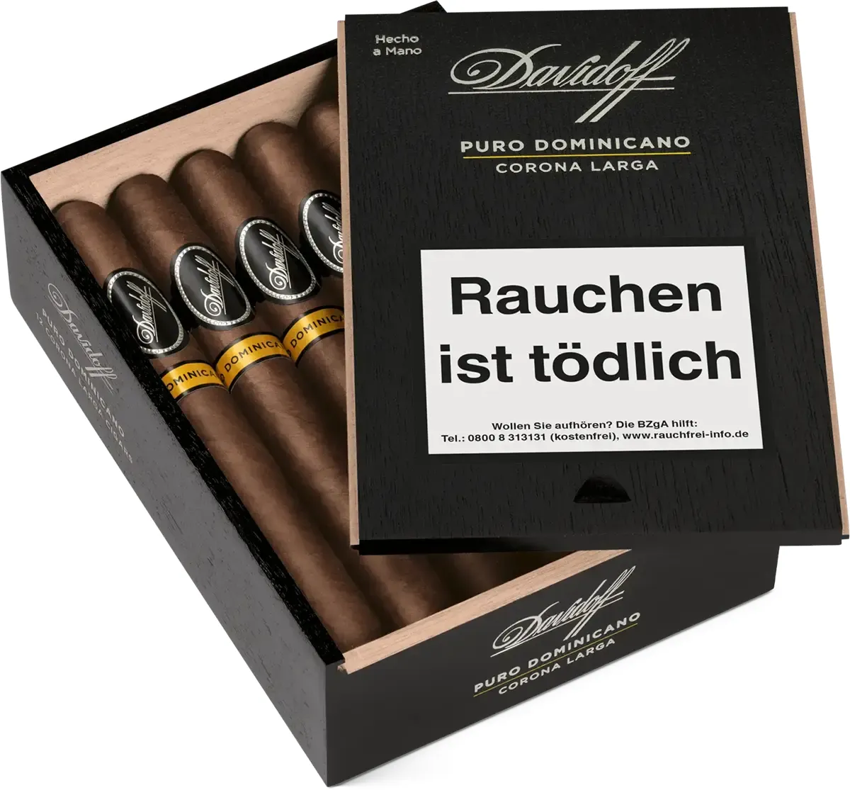 Davidoff Puro Dominicano Corona Larga 12er Kiste geöffnet schräg von vorne liegend