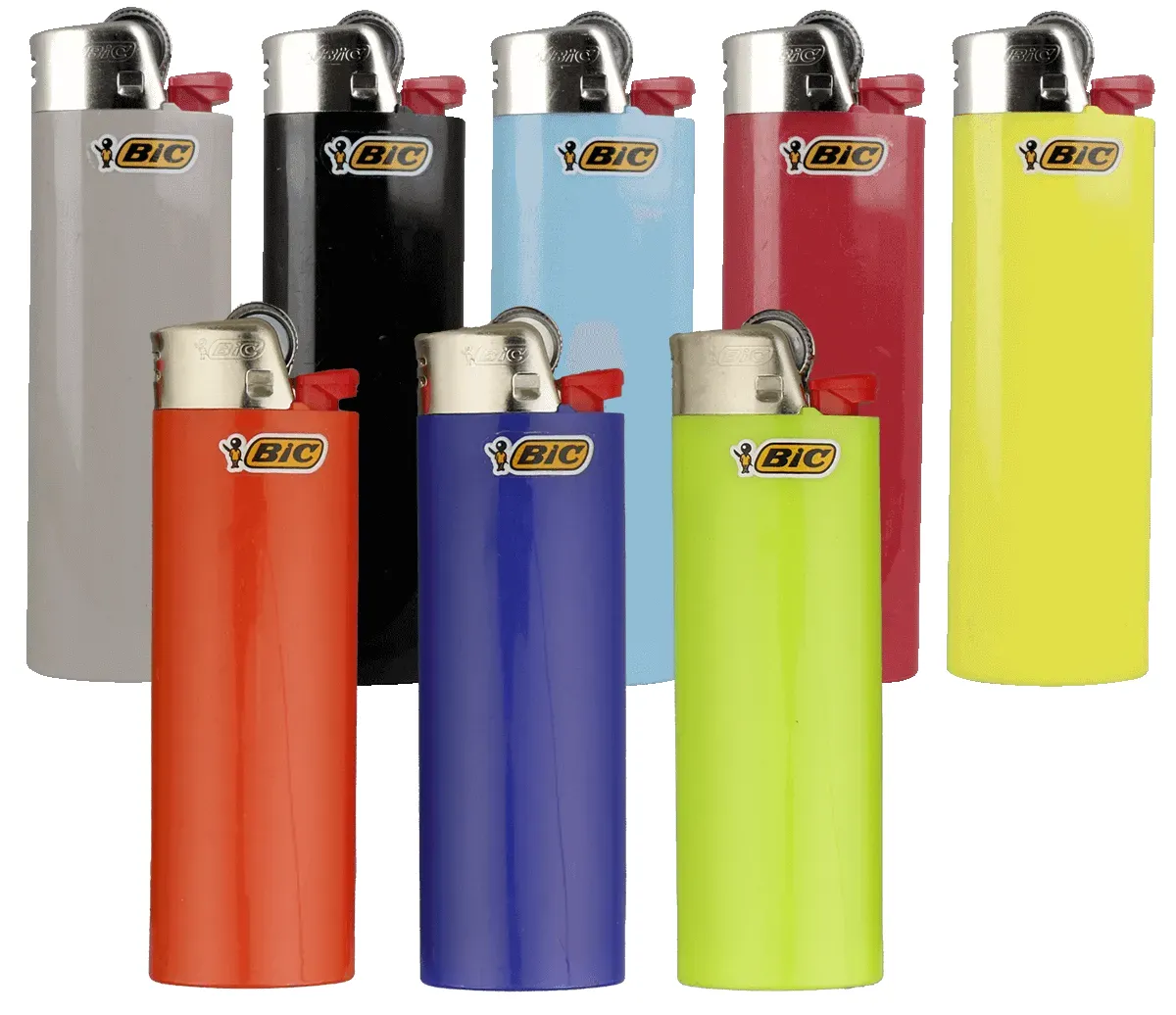 Acht verschiedenfarbige Feuerzeuge von BIC Jahr 2026 Maxi frontal Ansicht