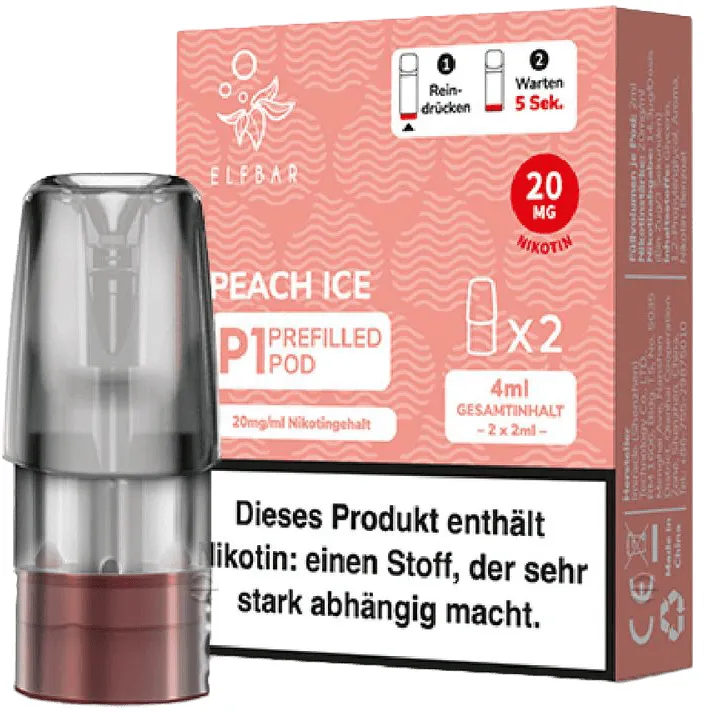 Elfbar Mate500 2er Pods 3er Set Peach Ice Packung stehend, schräg von vorne, davor steht 1 Pod