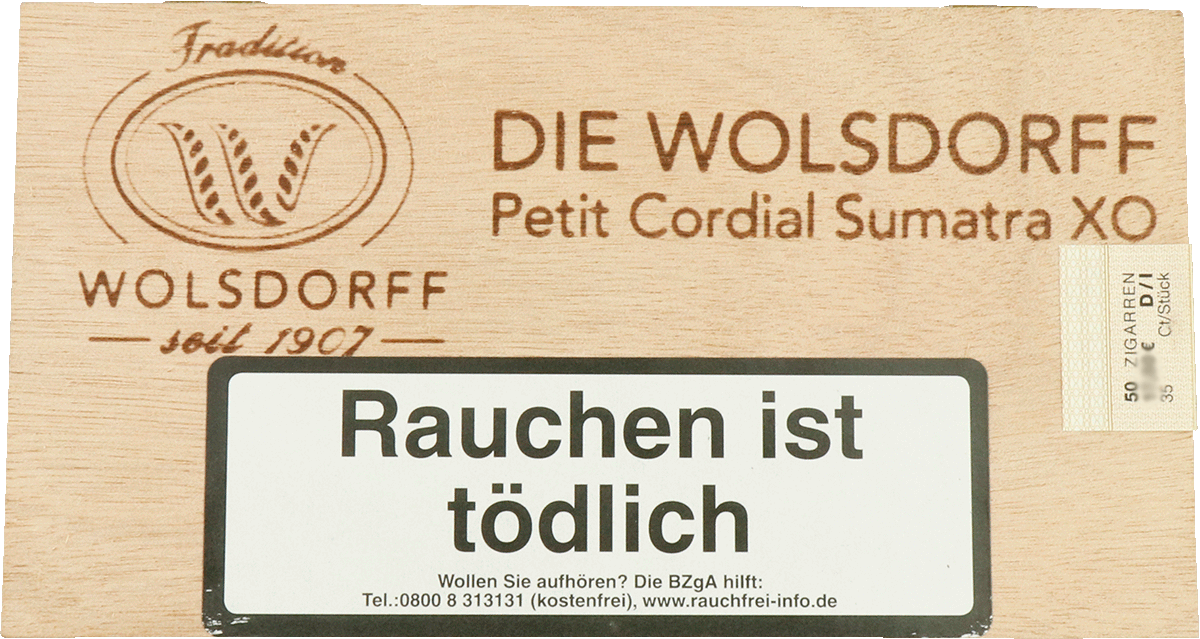 Die WOLSDORFF Petit Cordial Sumatra - Holzkiste vorne geschlossen