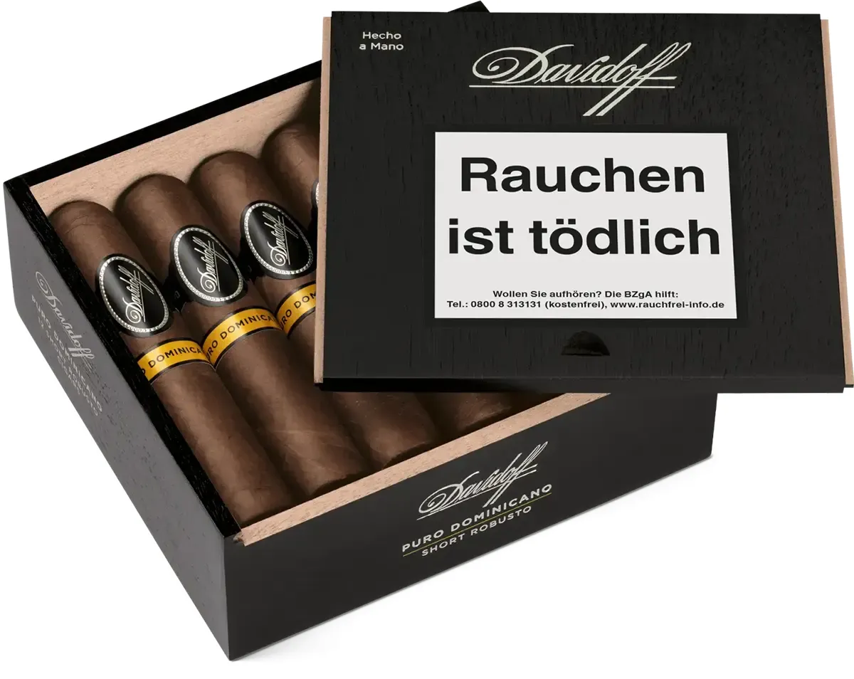 Davidoff Puro Dominicano Short Robusto 12er Kiste schräg von vorne liegend geöffnet