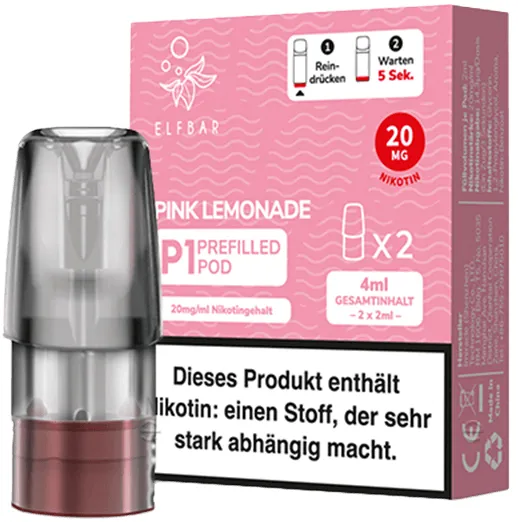 Elfbar Mate500 2er Pods 3er Set Pink Lemonade Packung stehend, schräg von vorne, davor steht 1 Pod