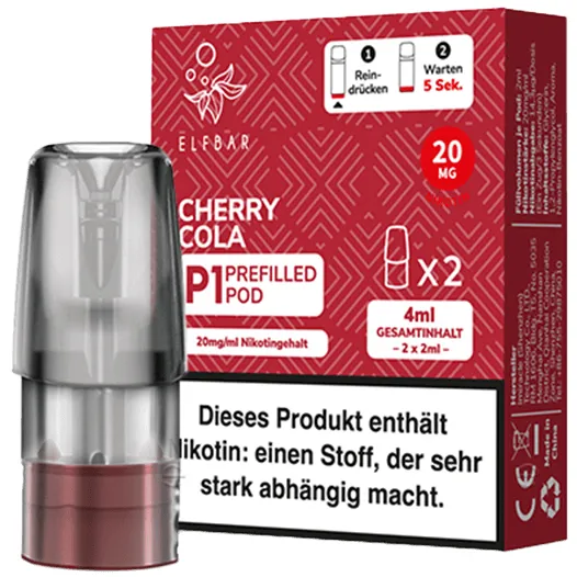 Elfbar Mate500 2er Pods 3er Set Cherry Coke Packung stehend, schräg von vorne, davor steht 1 Pod