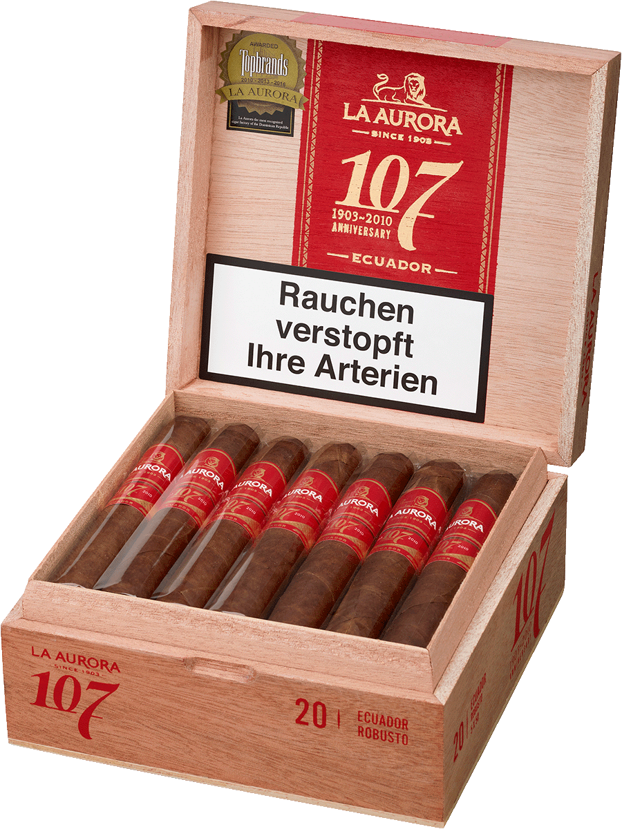 La Aurora 107 Original Ecuador Robusto - Kiste seitlich geöffnet