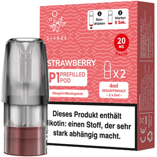 Elfbar Mate500 2er Pods 3er Set Strawberry Packung stehend, schräg von vorne, davor steht 1 Pod