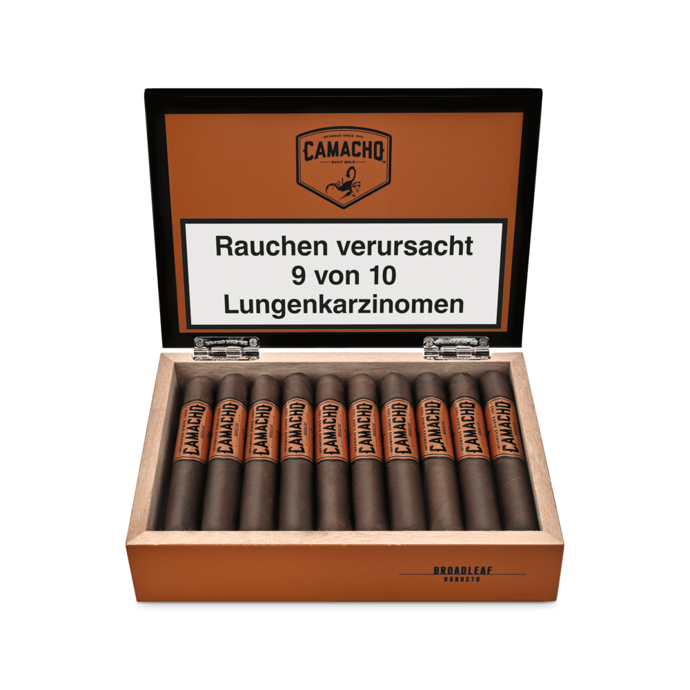 Camacho Broadleaf Robusto - Kiste vorne geöffnet