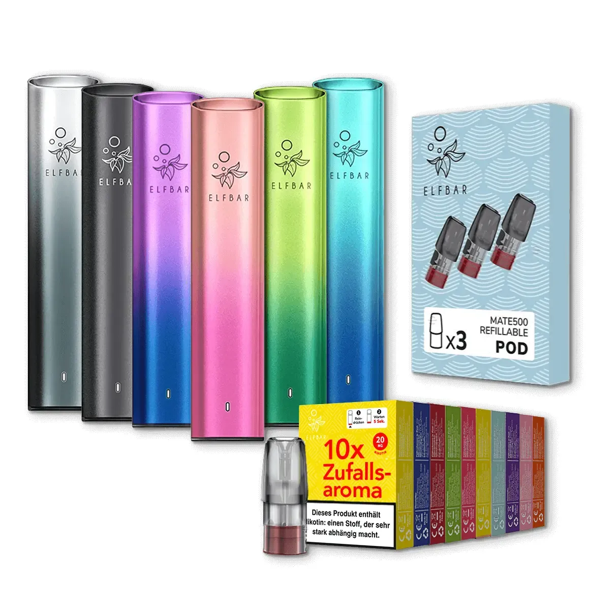 Elfbar Mate500 Aurora Blue Bundle groß mit Beispielpods im Vordergrund